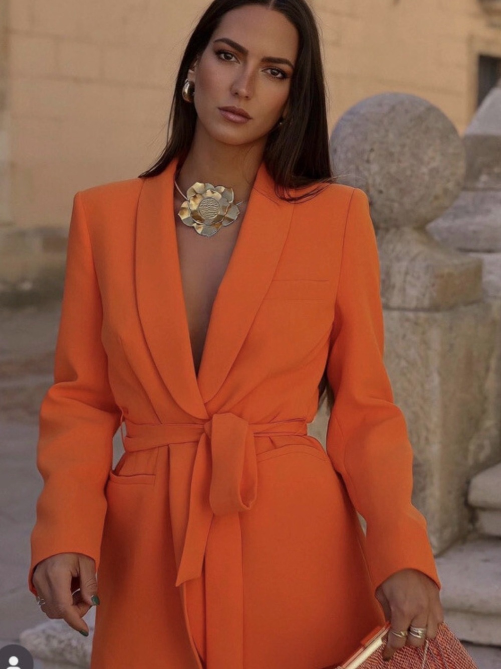 Zara Bright Orange Shawl-Collar Belted Blazer